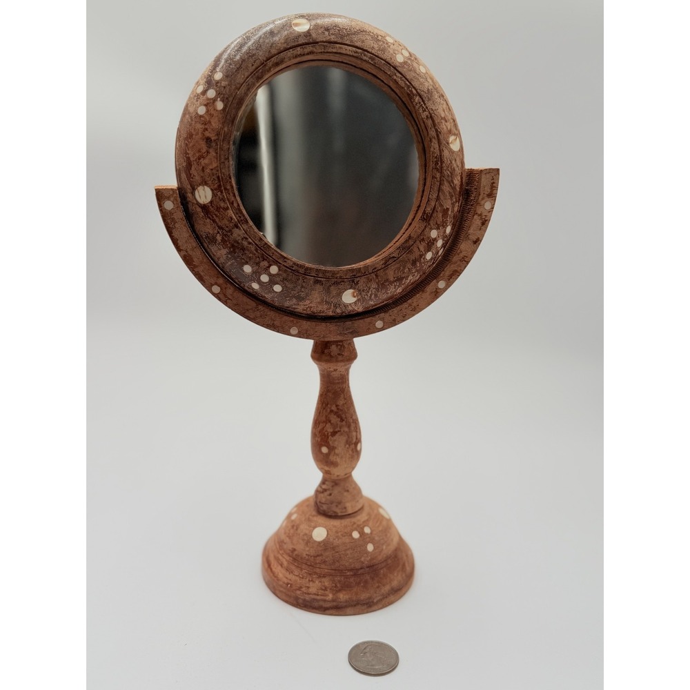 Vintage Wooden Vanity Mirror Carved Pedestal Swivel Round Inlaid Dressing Table